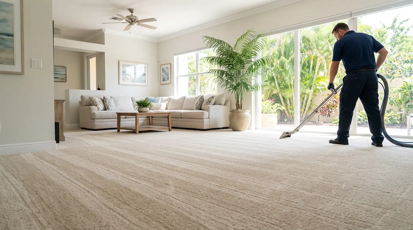 Technician cleaning a bright living room carpet